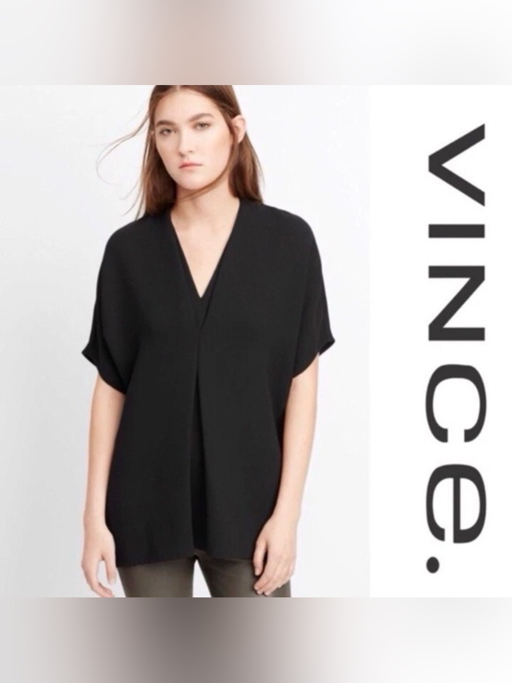 Vince double V neck top black tunic M